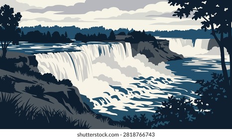 Niagara Falls Panoramic Waterfall Landscape with Forest and River — Retro Vector Travel Poster Illustration
