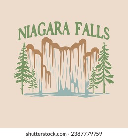 Niagara Falls Vektordesign-Vorlage, Handgezeichneter Stil fällt Design, Niagara Falls mit Pine Baum, Wasserfall handgezeichnet Stil Vektorgrafik.