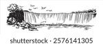 niagara falls waterfall with birds in black and white hand-drawn style