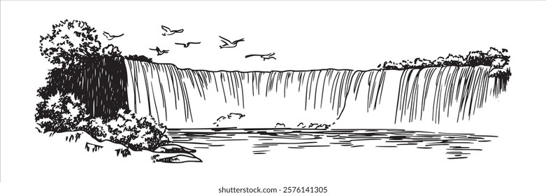 niagara falls waterfall with birds in black and white hand-drawn style