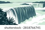 Niagara Falls Waterfall Landscape with Mist and Foliage — Retro Vector Monochrome Illustration Poster