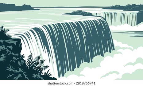 Niagara Falls Waterfall Landscape with Mist and Foliage — Retro Vector Monochrome Illustration Poster