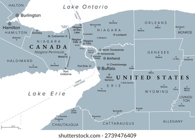 Niagara Region of Canada, and Niagara Frontier of the United States, gray political map. Niagara Peninsula, River, and Falls, a stretch of land, south of Lake Ontario and north of Lake Erie. Vector