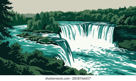 Niagara Waterfall with Green Forest and River — Retro WPA Style Vector Travel Poster Illustration
