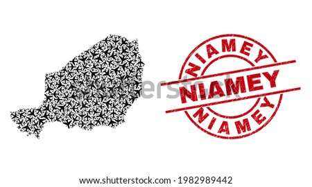 Niamey textured seal, and Niger map mosaic of airliner items. Mosaic Niger map created of jet vehicles. Red seal with Niamey text, and distress rubber texture. Template for transport purposes.