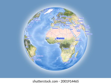 Niamey-Niger is shown on vector globe map. The map shows Niamey-Niger 's location in the world.