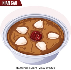 Nian Gao or Chinese New Year's Cake with Dry Jujube and Ginkgo Nuts Toppings. Traditional Glutinous Sticky Rice Cake Illustration 