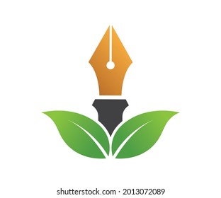 Nib pen and leaf ink logo design combination. Write and eco symbol or icon, organic leaves logotype illustration on white background