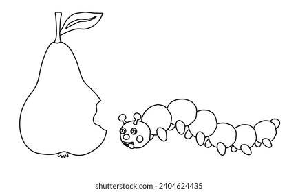 Nibbled pear and cute caterpillar, doodle style flat vector outline for coloring book