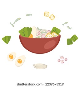 Niboshi asian food ramen soup recipe ingredients. Perfect for tee, stickers, menu and stationery. Vector illustration for decor and design.



