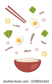Niboshi asian ramen soup ingredients falling into a bowl of noodles. Perfect for tee, stickers, menu and stationery. Vector illustration for decor and design.



