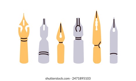 Tipos de plumillas para la herramienta Pluma. Conjunto de caligrafía, dibujo y escritura, accesorio de metal para escritura a mano. Papelería tradicional antigua, artículos de arte. Ilustración vectorial plana aislada sobre fondo blanco