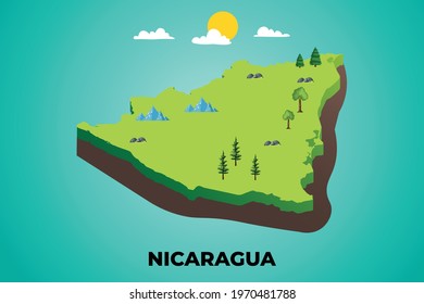 Nicaragua 3d isometric map with topographic details mountains, trees and soil vector illustration design