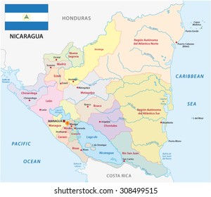 nicaragua administrative map with flag