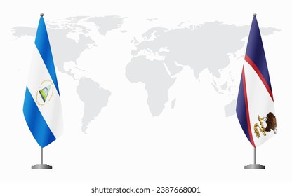 Nicaragua and American Samoa flags for official meeting against background of world map.