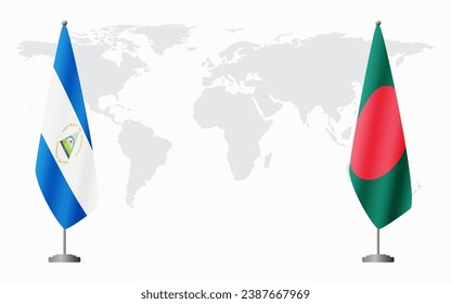 Nicaragua and Bangladesh flags for official meeting against background of world map.