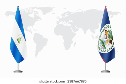 Nicaragua and Belize flags for official meeting against background of world map.
