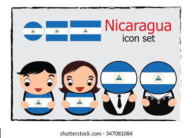 Nicaragua boy, girl, businessman, business women cartoon vector illustration and Nicaragua round, square and normal flag icon set
