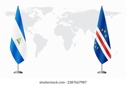 Nicaragua and Cape Verde flags for official meeting against background of world map.