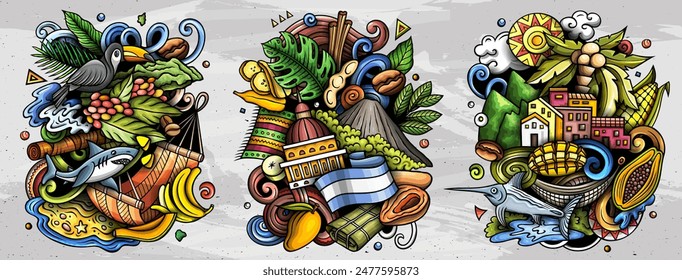 Nicaragua cartoon vector doodle designs set. Colorful detailed compositions with lot of Nicaraguan objects and symbols. Isolated on white illustrations