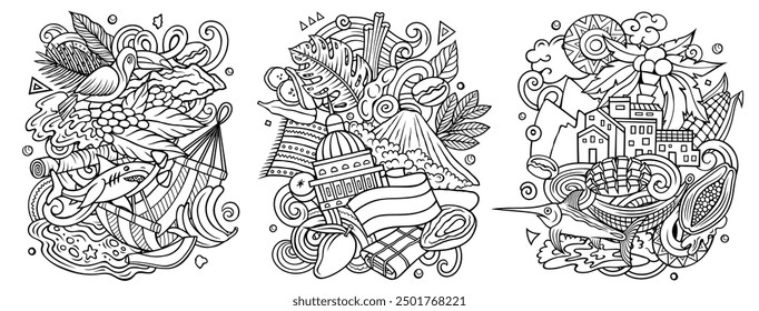 Nicaragua cartoon vector doodle designs set. Line art detailed compositions with lot of Nicaraguan objects and symbols