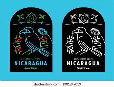 Nicaragua coffee beans label design vector illustration with bird