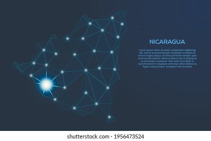Nicaragua communication network map. Vector low poly image of a global map with lights in the form of cities. Map in the form of a constellation, mute and stars