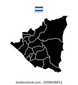 Nicaragua contour vector map with state, black-white, flag in color. Background map eps 10