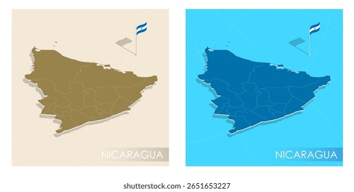 Sinalizador de país da Nicarágua instalado no ponto do mapa de posicionamento geográfico do território do país. Bandeira da Comunidade da Nicarágua em terra e mar. Festivo patriótico modelo de formato HD para o dia da independência