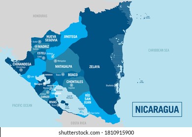 Nicaragua country political map. Detailed illustration with isolated regions, departments, provinces, states and cities easy to ungroup. Vector illustration.