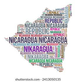 Nicaragua country shape word cloud. Typography style country illustration. Nicaragua image in text cloud style. Vector illustration.