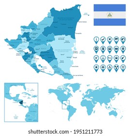 Nicaragua detailed administrative blue map with country flag and location on the world map.