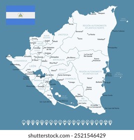 Nicarágua - detalhado mapa azul do país com cidades e regiões. Ícones infográficos. Ilustração vetorial