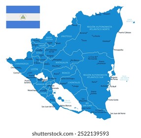 Nicarágua - detalhado mapa azul do país com cidades e regiões. Ilustração vetorial.