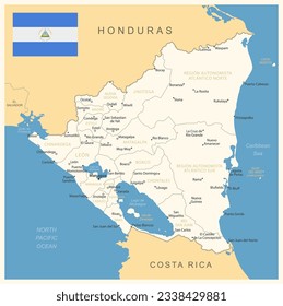 Nicaragua - detailed map with administrative divisions and country flag. Vector illustration