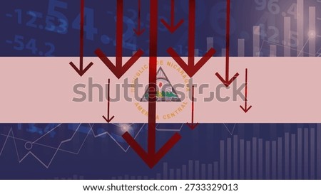 Nicaragua economic collapse, increasing values with cubes, financial decline, crisis and downgrade concept, Nicaragua flag with upward rising arrow, dollar USD symbol, fail and decrease