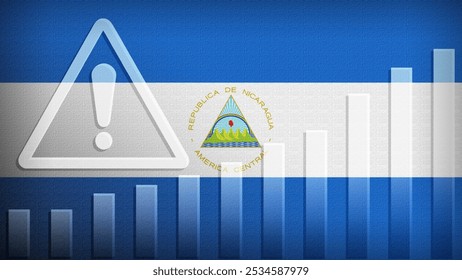 Nicaragua flag with burlap texture, warning sign, and rising bar chart symbolizing increasing risk or growth challenges in the country. Ideal for data presentations.