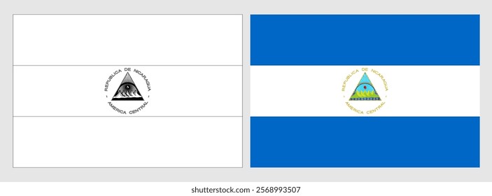 Nicaragua flag - coloring page. Set of white wireframe thin black outline flag and original colored flag.