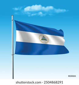 Nicaragua flag flying on blue sky, vector illustation.