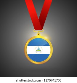 Nicaragua Flag in gold Medal, Golden Badge, Sport Game Golden Challenge Award. Vector Illustration.