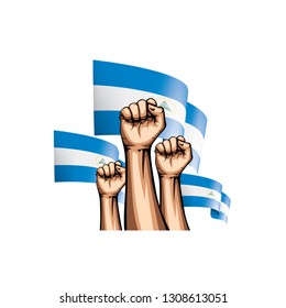 Nicaragua flag and hand on white background. Vector illustration