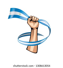 Nicaragua flag and hand on white background. Vector illustration