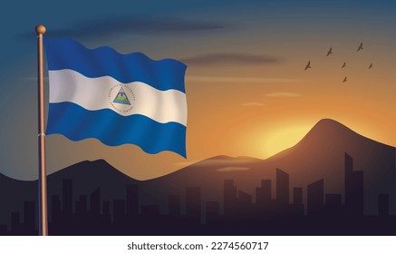 Nicaragua flag with mountains and morning sun in the background