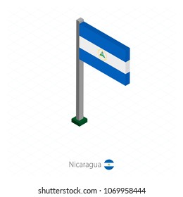 Nicaragua Flag on Flagpole in Isometric dimension. Isometric blue background. Vector illustration.