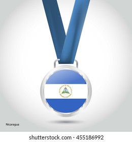 Nicaragua Flag in Silver Medal. Vector Illustration. RIO Olympic Game silver Medal. Vector Illustration