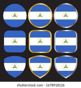 nicaragua flag vector icon set with gold and silver border-01