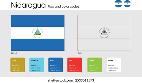 Nicaragua Flag version of colored, outline and icons