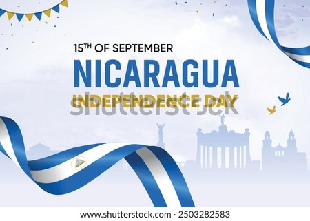 Nicaragua Flag Waving On Skyline Background. Independence Day Concept Design Vector Illustration.