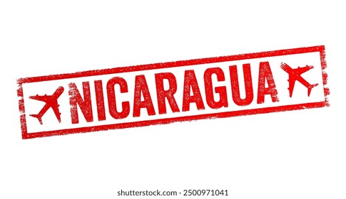 Nicaragua - is the geographically largest country in Central America, text emblem stamp with airplane