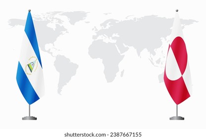 Nicaragua and Greenland flags for official meeting against background of world map.